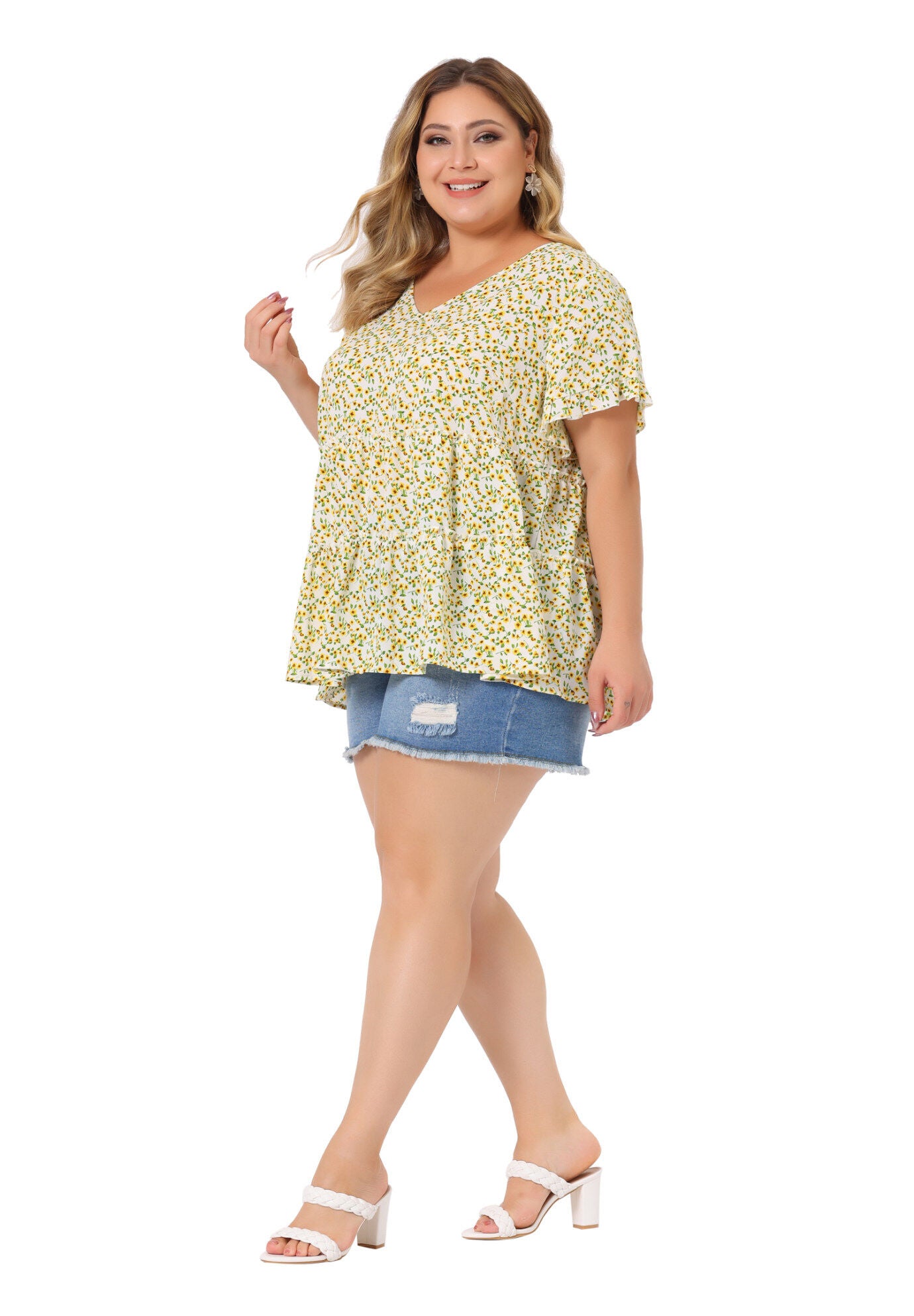 Floral Print V Neck Ruffles Sleeve Tiered Babydoll Blouse, Beige / Beige, hi-res image number 0