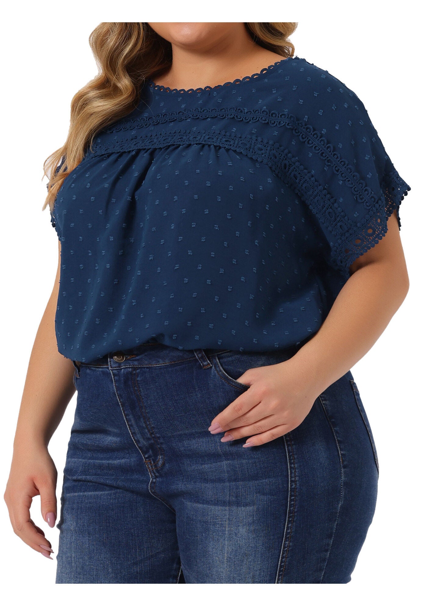 Swiss Dots Lace Crochet Short Sleeve Chiffon Blouse, Dark Blue / Navy, alternate image number 4