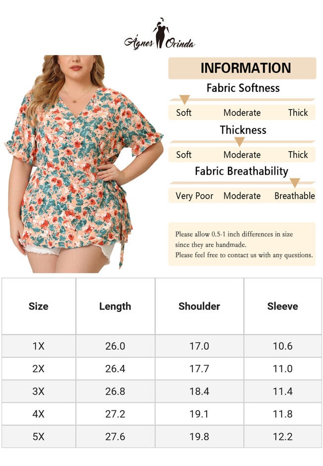 Floral Ruffle Sleeve Faux Wrap Peplum Blouse Top, Pink / Pink, alternate image number null