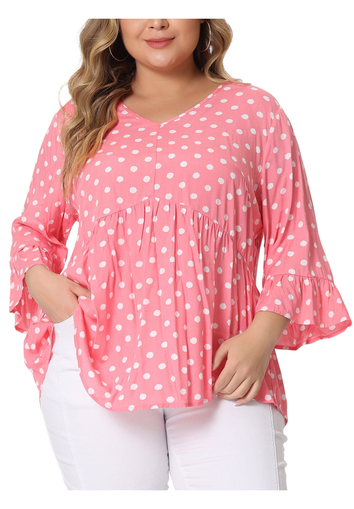 Polka Dots Blouse 3/4 Ruffle Sleeve Peplum Top, Pink / Pink, alternate image number 2