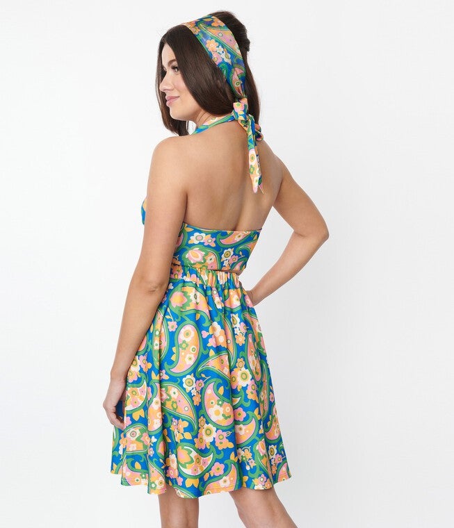 Smak Parlour Blue Paisley Floral Mod Print Sweet Talk Flare Skirt, Blue Paisley / Azure Blue, alternate image number 4