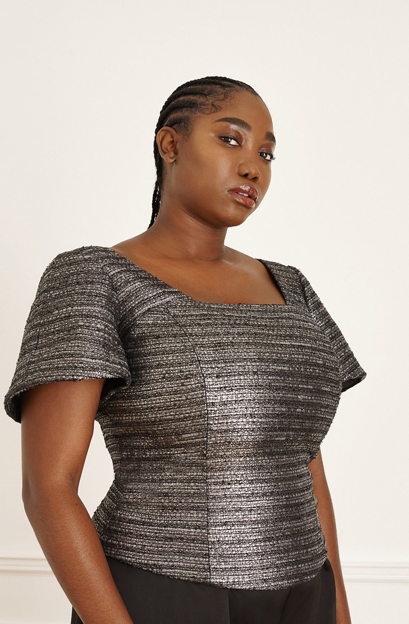 Silver Squared Neck Top, Silver grey / Silver, hi-res image number 0