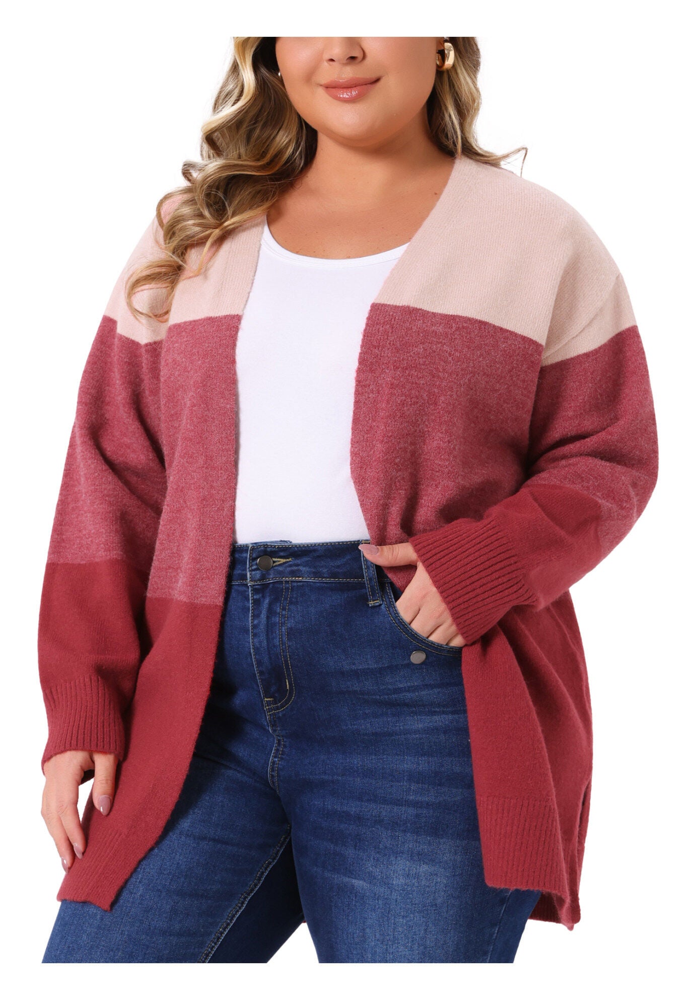 Striped Color Block Long Sleeve Knit Cardigan, Red Pink / Red, alternate image number 1