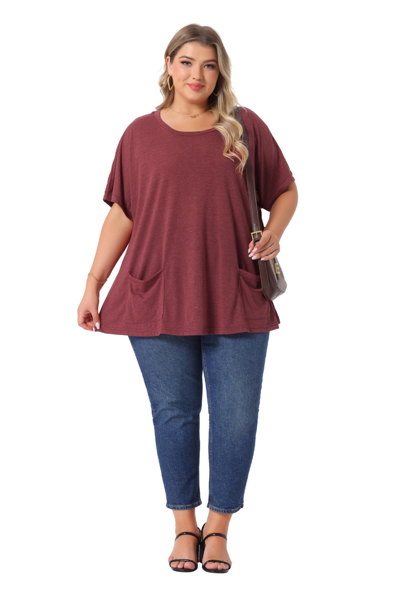 Short Sleeve Top Loose Fit Summer T-Shirt with Pocket, Burgundy / Burgundy, hi-res image number 0
