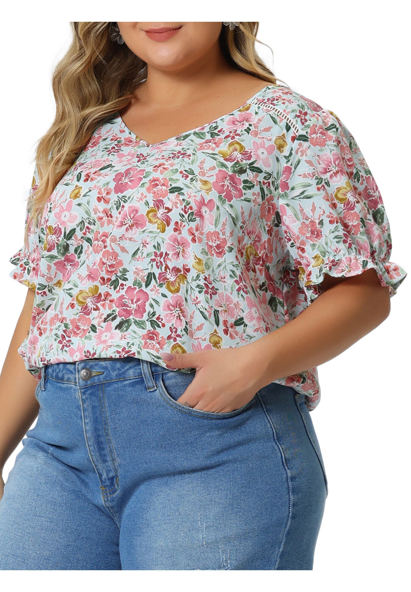 V Neck Ruffle Short Sleeve Chic Summer Blouses, Green / Mint, alternate image number 1