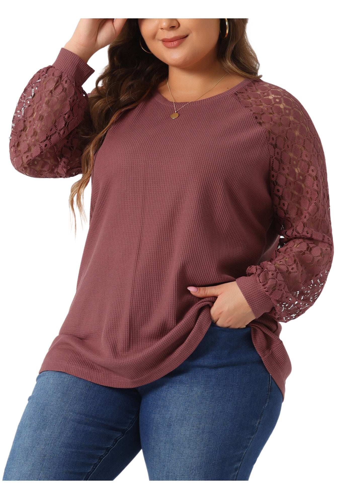 Lace Crew Neck Long Sleeve Loose Blouse, Purple Red / Terracotta, alternate image number 1