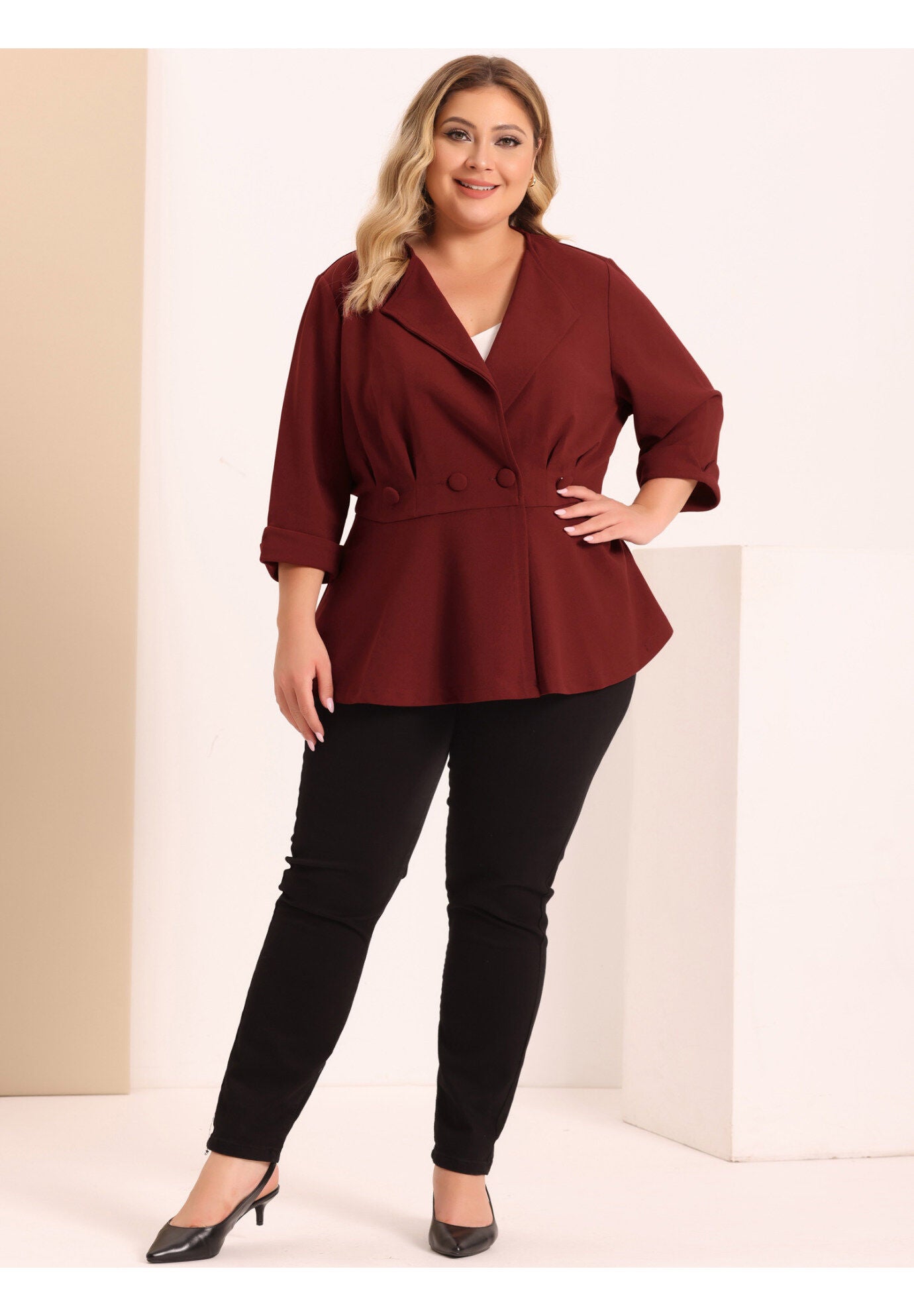 NOTCHED LAPEL PEPLUM JACKET SUIT BLAZER, Wine Red / Burgundy, hi-res image number 0