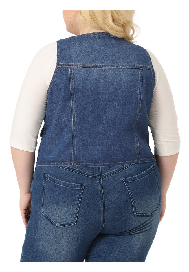 SLEEVELESS BUTTON DENIM CROP WAISTCOAT VEST, Blue / Chambray Denim Medium, alternate image number null