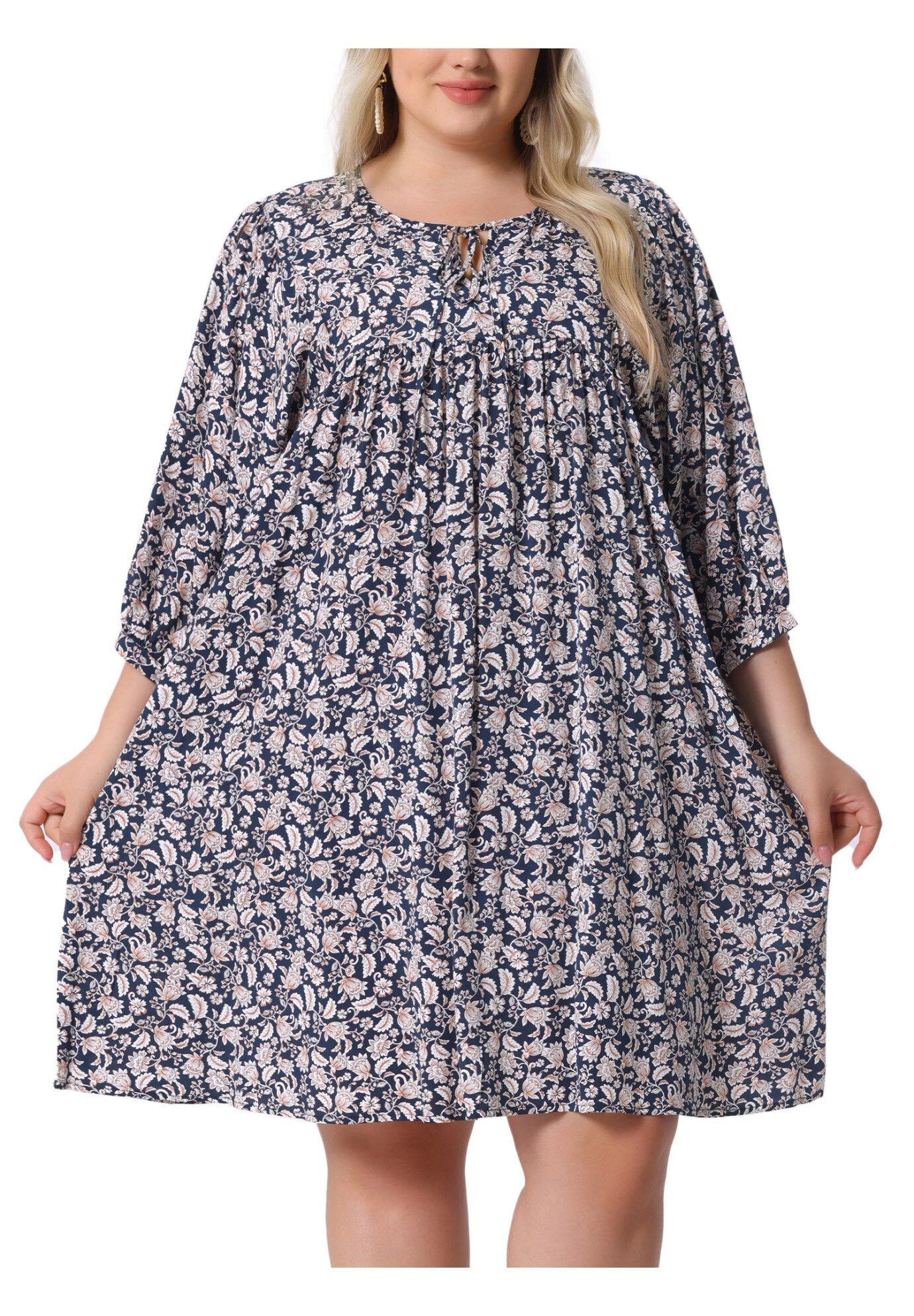 Summer Drawstring V Neck Babydoll Midi Flowy Sundress, Navy Blue / Navy, alternate image number 1