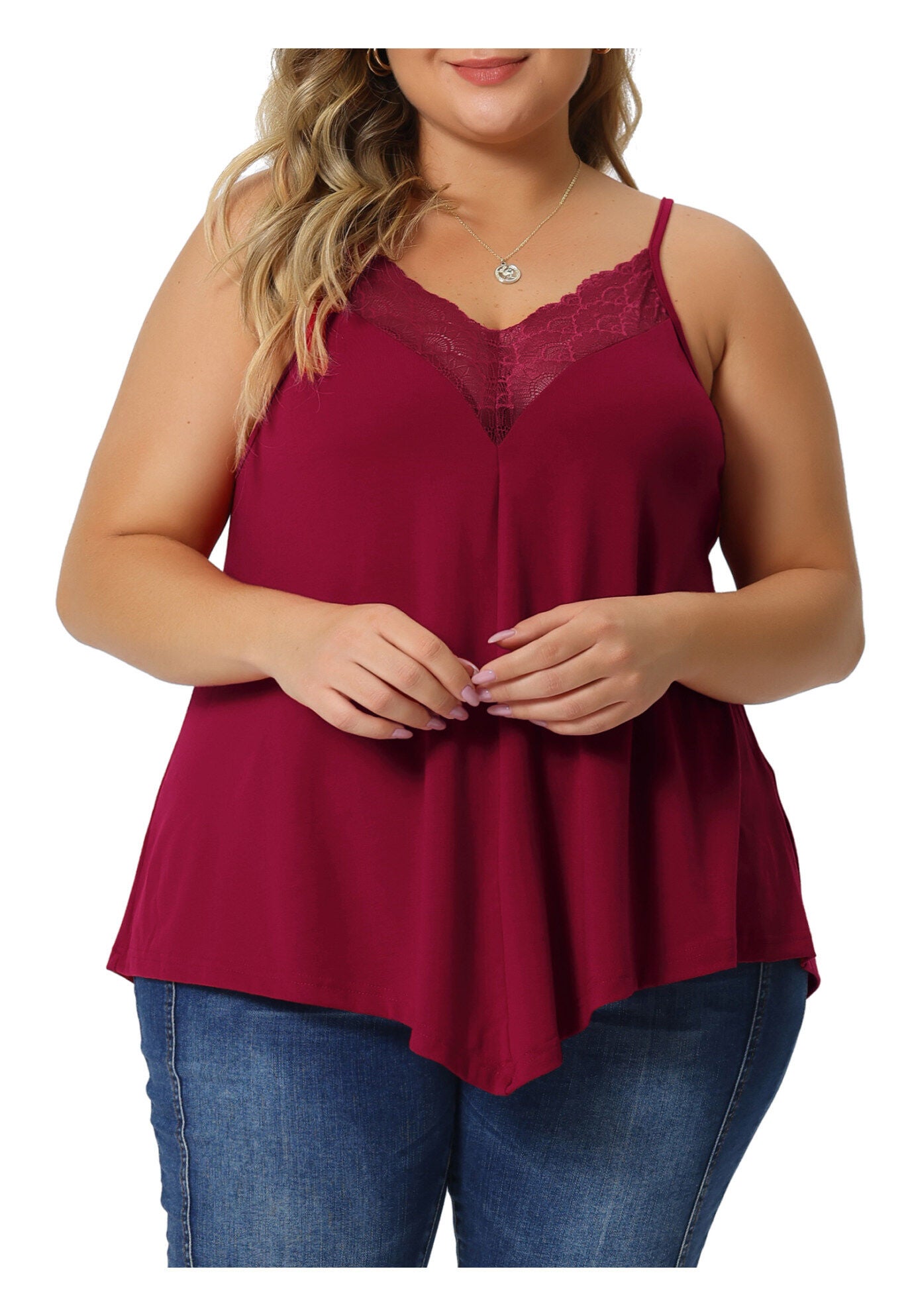 V-NECK LACE FRONT SPAGHETTI STRAP SLEEVELESS CAMI TANK TOP, Burgundy / Red, alternate image number 1