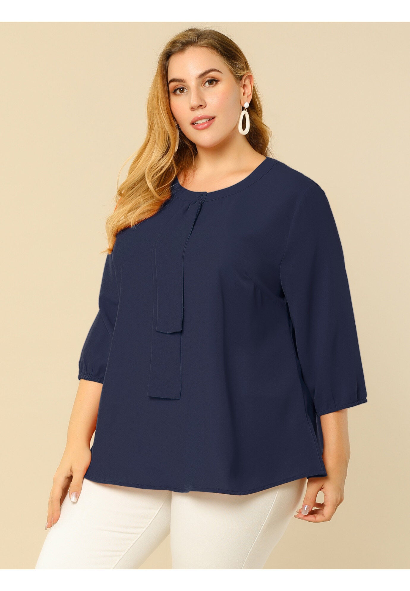 Work Round Neck Ruffle Chiffon Blouse Top, Navy Blue / Navy, alternate image number 3