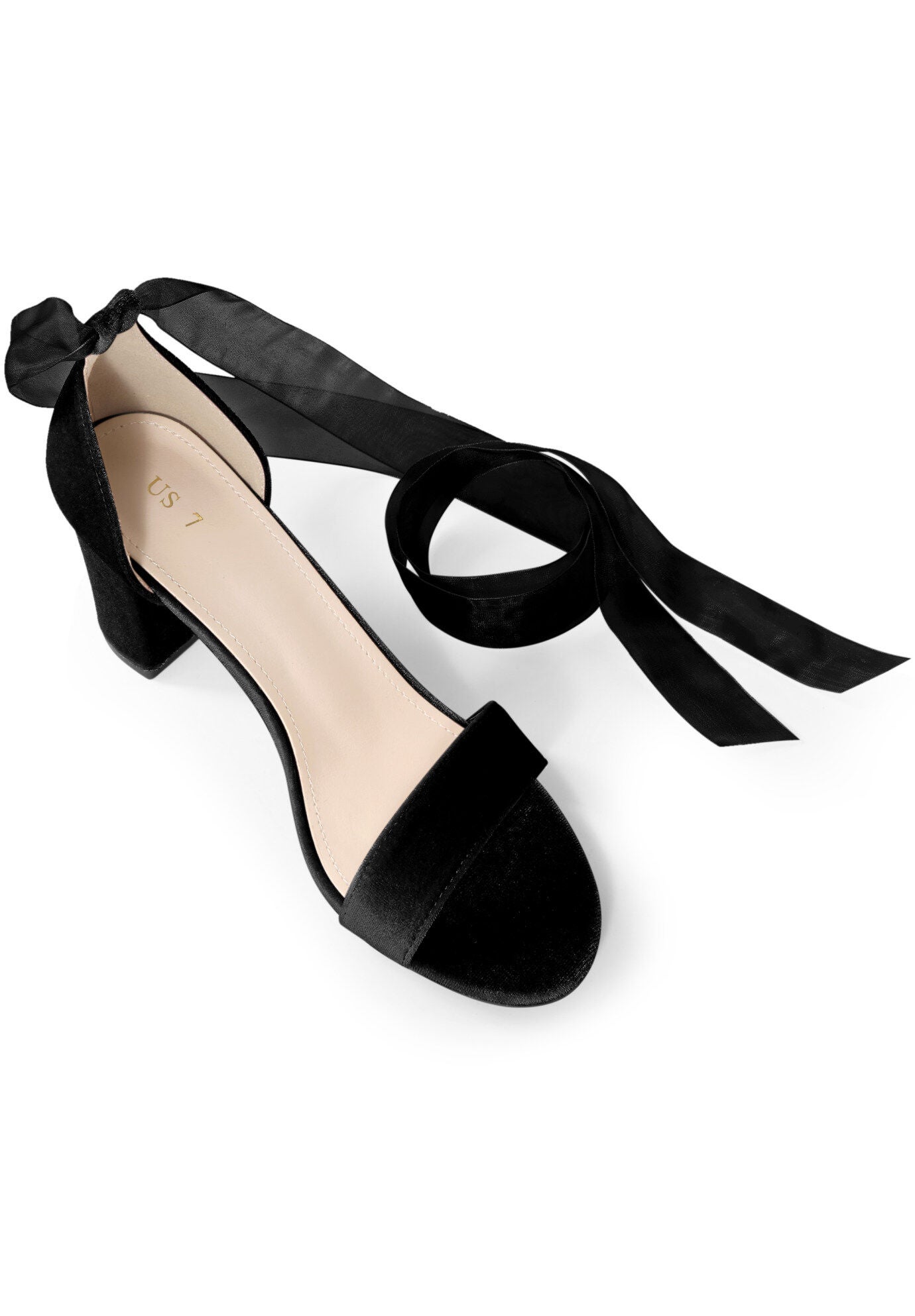 Chunky Heels Lace Up Ballet Velvet Sandals, Black / Black, alternate image number 1