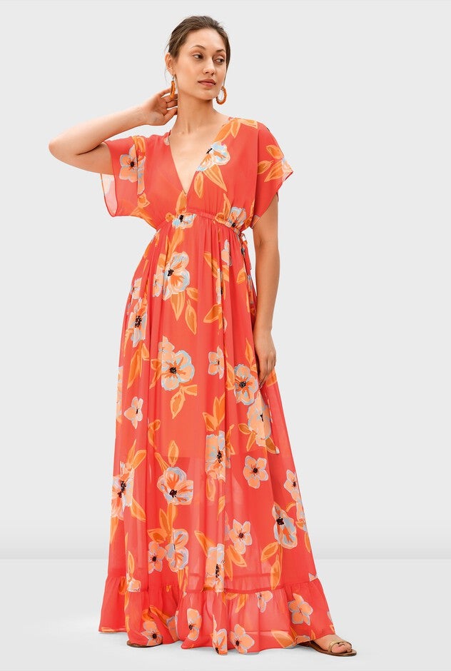 Floral Print Georgette Drawstring Empire Maxi Dress, Aqua / Orange, alternate image number null