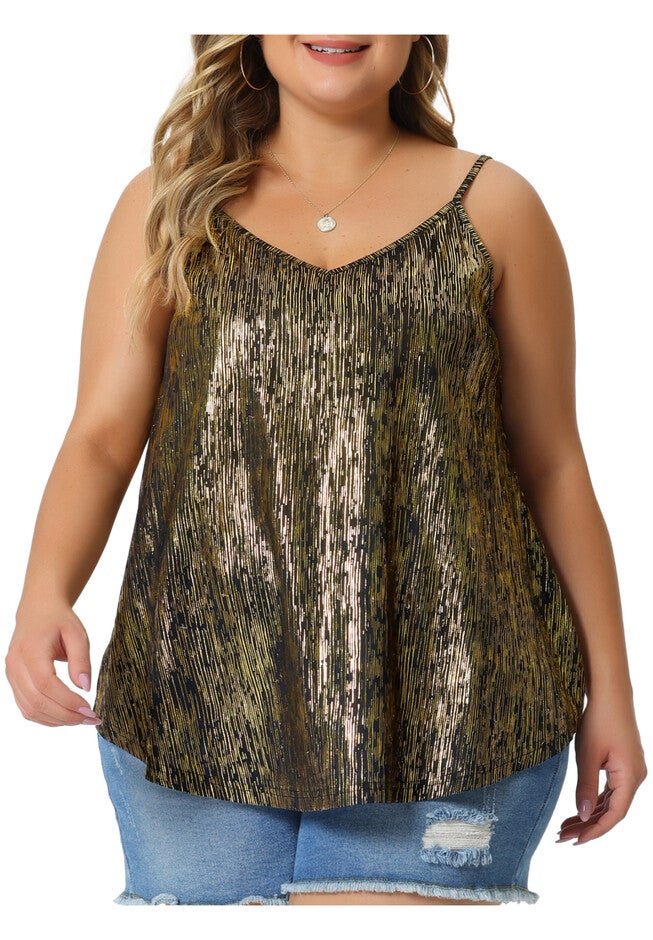 V NECK GLITTER CAMI SLEEVELESS SEQUIN TANK TOP, Black Gold / Gold, alternate image number 2