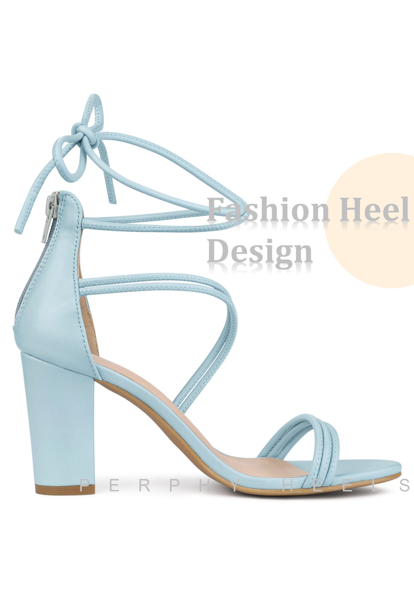 Open Toe Strappy Lace Up Chunky Heel Sandals, Sky Blue / Light Blue, alternate image number 3