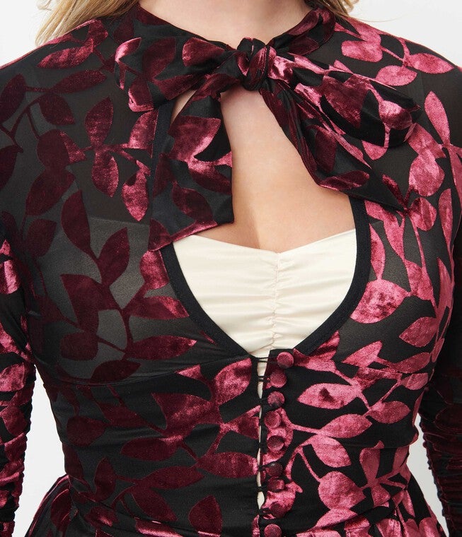Unique Vintage Burgundy Velvet Burnout Floral Tallullah Duster, Burgundy Floral / Burgundy, alternate image number null