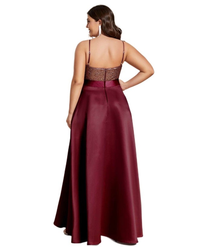 Sparkly Bodice High Low Prom Dress, Burgundy / Burgundy, alternate image number 1