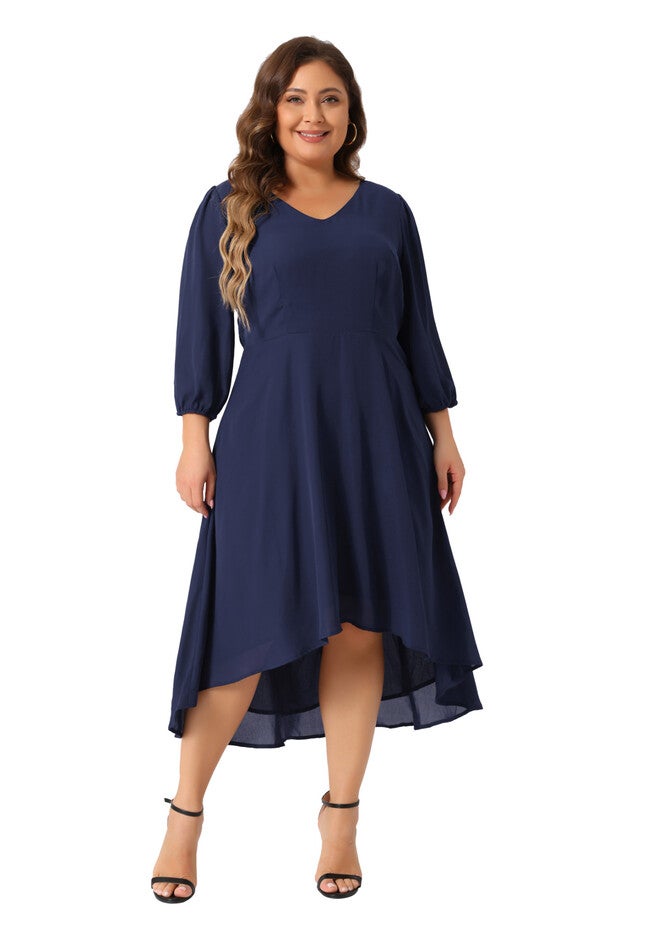 Chiffon V Neck 3/4 Sleeves A-Line Midi Wedding Guest Dress, Dark Blue / Navy, hi-res image number 0