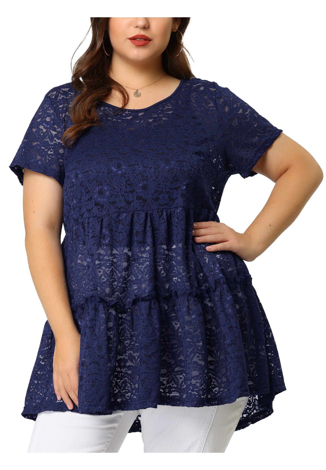 Babydoll Blouse Lace Allover Short Sleeve Tiered Peplum Top, Navy / Navy, alternate image number 2