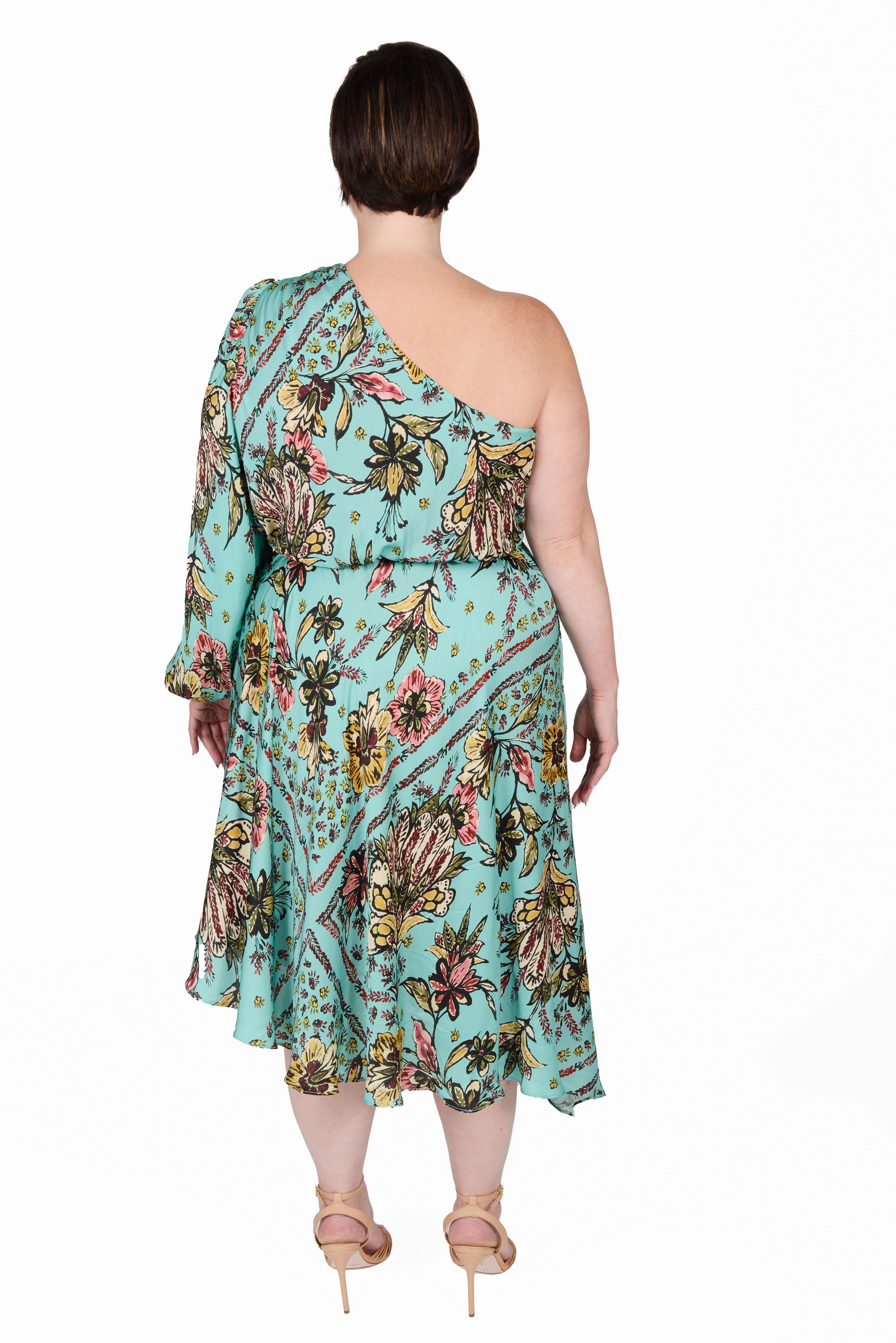 Olivia One Shoulder Dress, Boho Scarf Print / Aqua, alternate image number 3