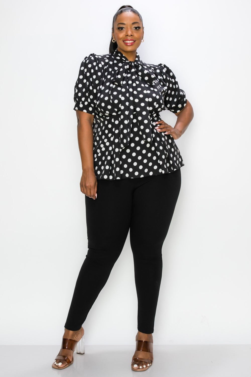 MINNIE POLKA DOT TIE NECK BLOUSE, BlackIvory / Black, hi-res image number 0
