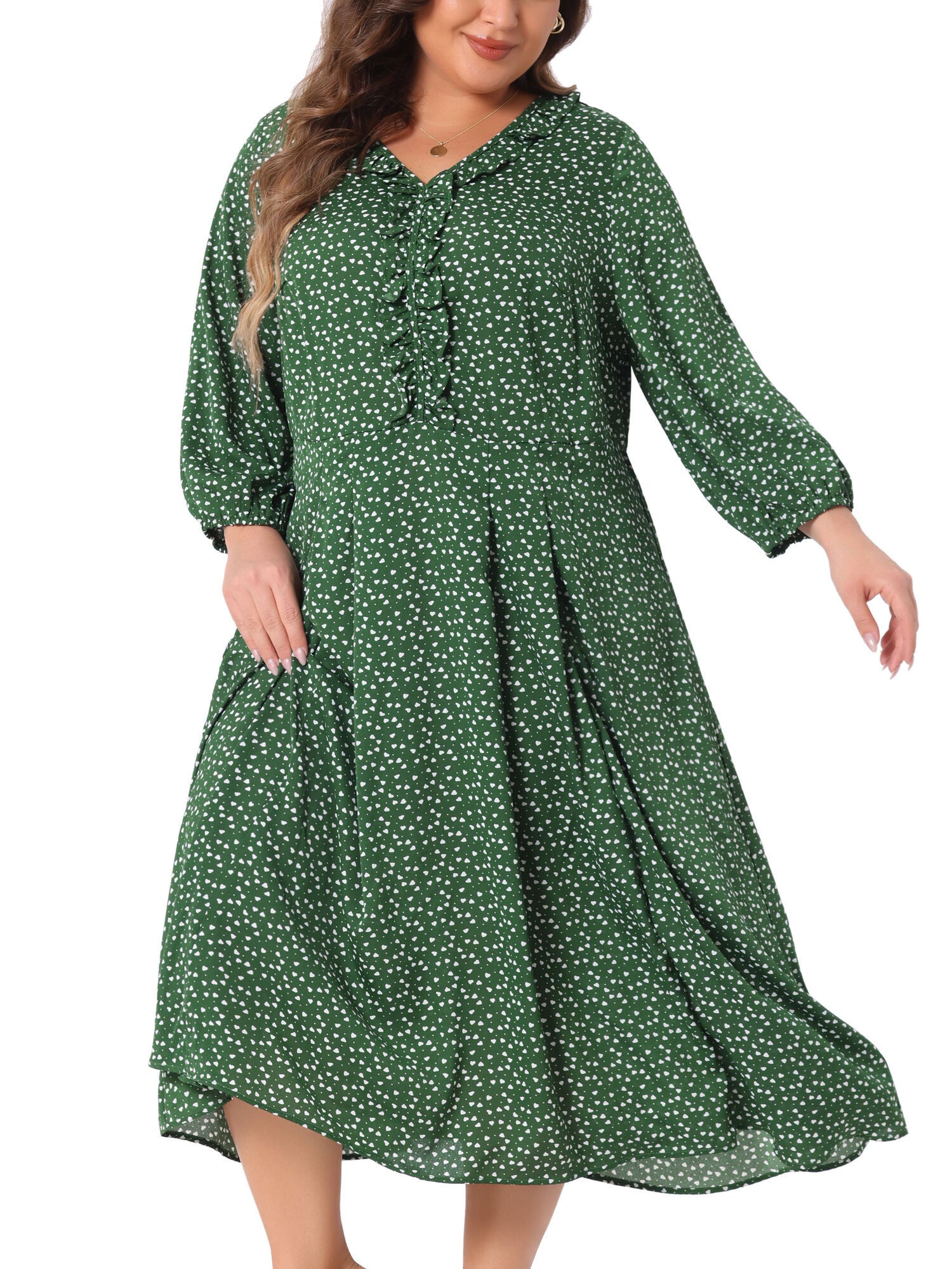 3/4 Sleeve Sweetheart Print Midi Ruffle Dress, Green / Hunter Green, alternate image number 1