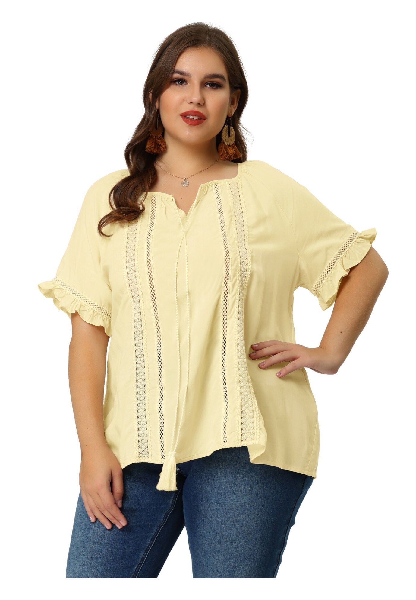 TIE NECK RUFFLE SHORT SLEEVE LACE CROCHET BLOUSE TOP, Yellow Cream / Cream, alternate image number 2