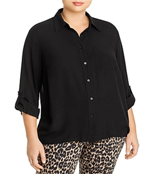 Michael Kors Women's Plus Dobby Collared Hi Low Button Down Top Black Size 0X, Black / Black, hi-res image number null
