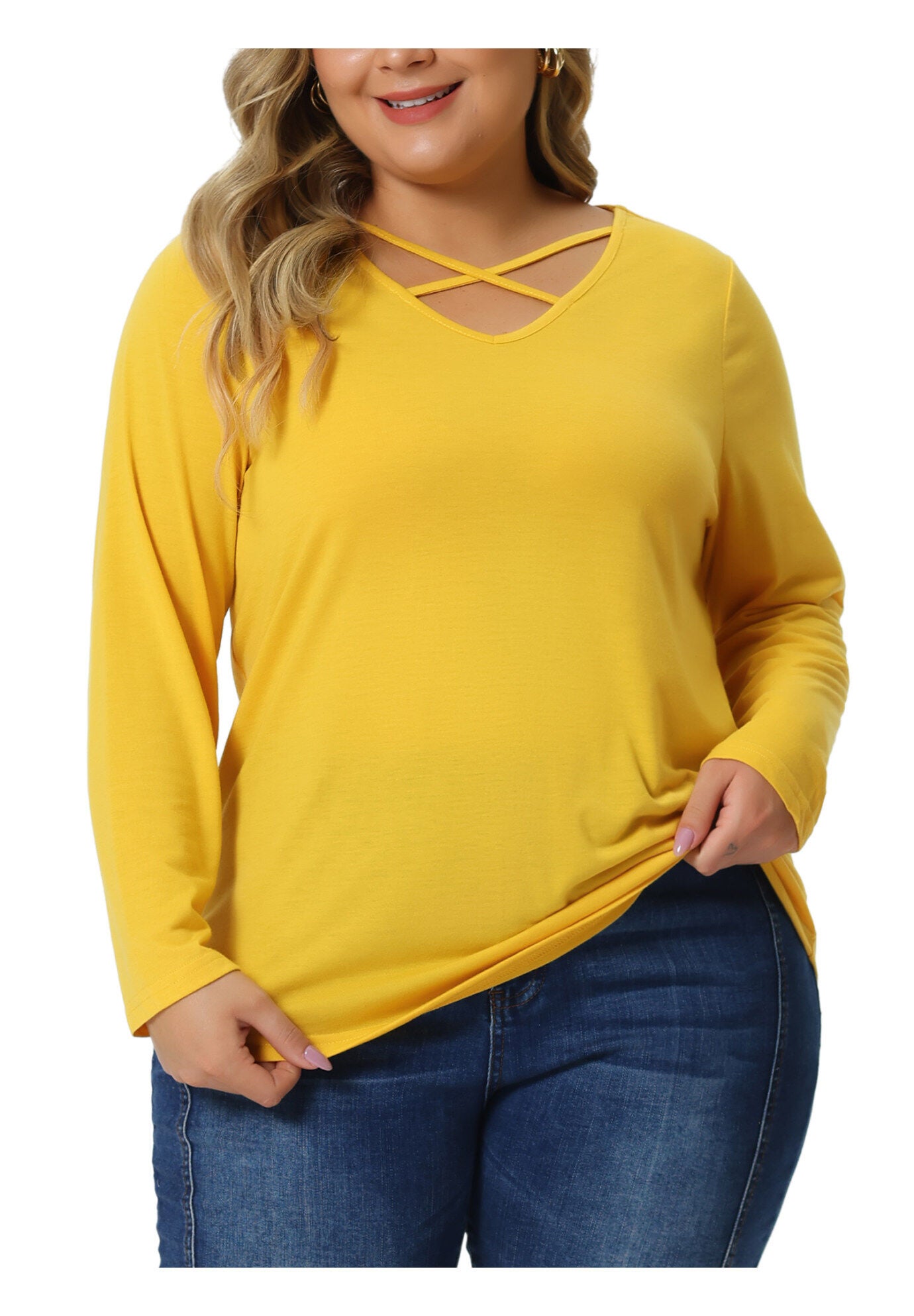 CROSS V NECK LONG SLEEVES T-SHIRT TOP, Yellow / Yellow, alternate image number 3
