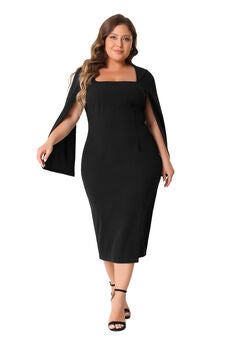 Square Neck Split Long Sleeve Back Slit Bodycon Pencil Dress