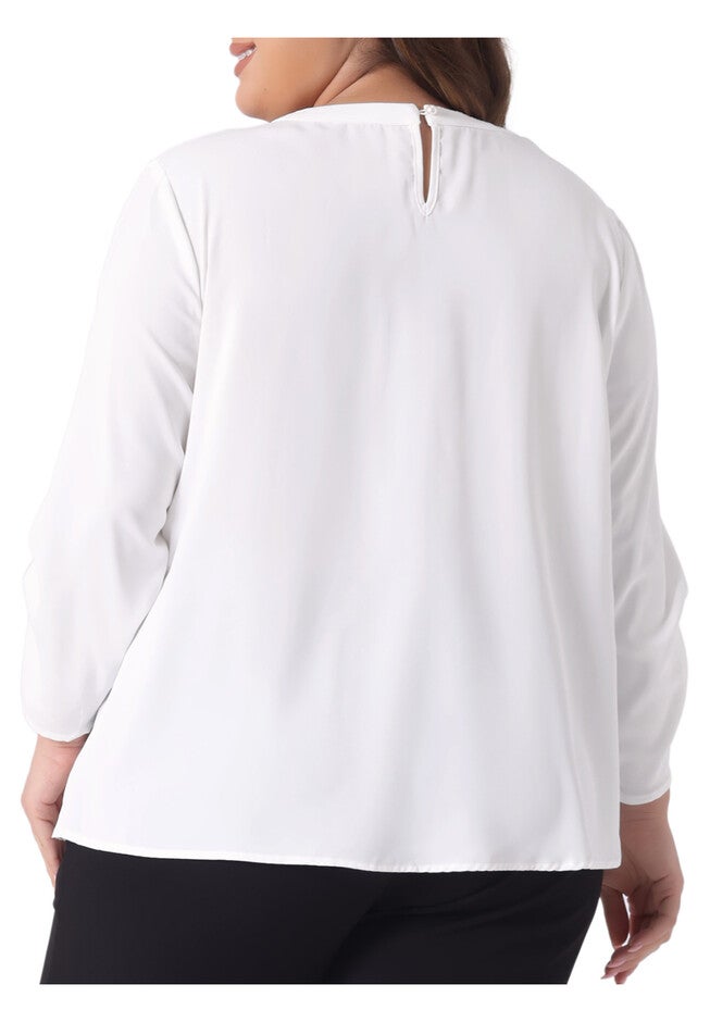 Crewneck Keyhole 3/4 Sleeve Pleated Blouse Shirt, White / White, alternate image number 3