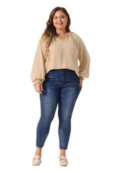 Puff Long Sleeve V-Neck Ruffle Cuffs Blouse