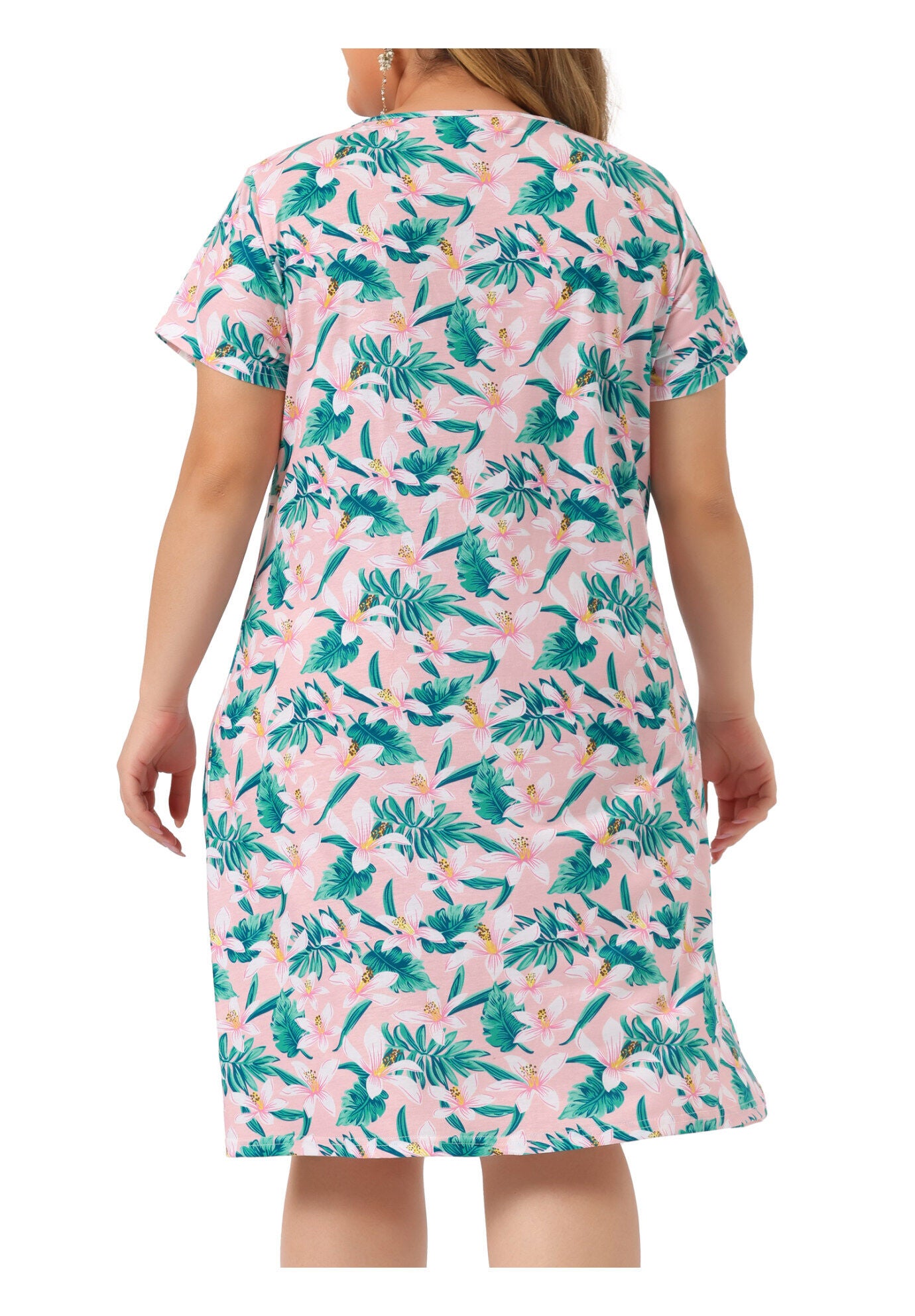 Short Sleeves Pleated Summer Beach Casual Loose Floral Dress, Pink Green / Pink, alternate image number 3