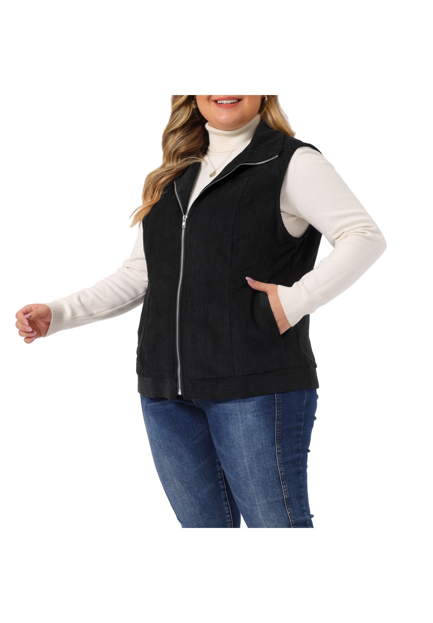 SLEEVELESS ZIPPER SIDE POCKET CORDUROY VEST, Black / Black, alternate image number 1