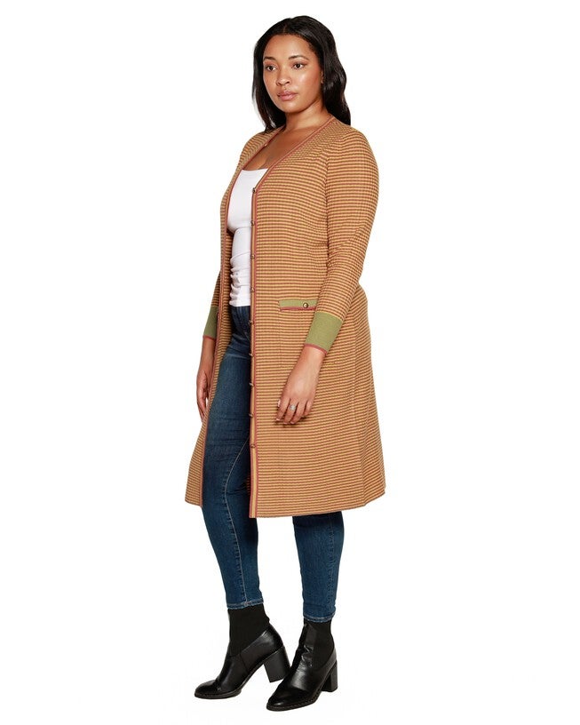 Plus Size Striped Button-Front Duster, Light Olive Combo / Olive Green, alternate image number null