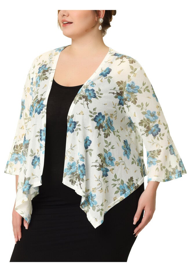 Chiffon Cover Up 3/4 Sleeve Floral Summer Cardigan, White / White, alternate image number null