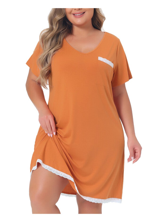 Short Sleeve Lace Trim Pajama Nightshirt, Orange / Orange, alternate image number 2