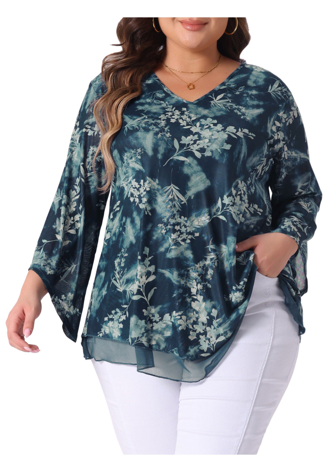 V Neck Mesh Flowy 3/4 Flared Sleeve Tunic Blouse Top, Cyan / Teal, alternate image number 2