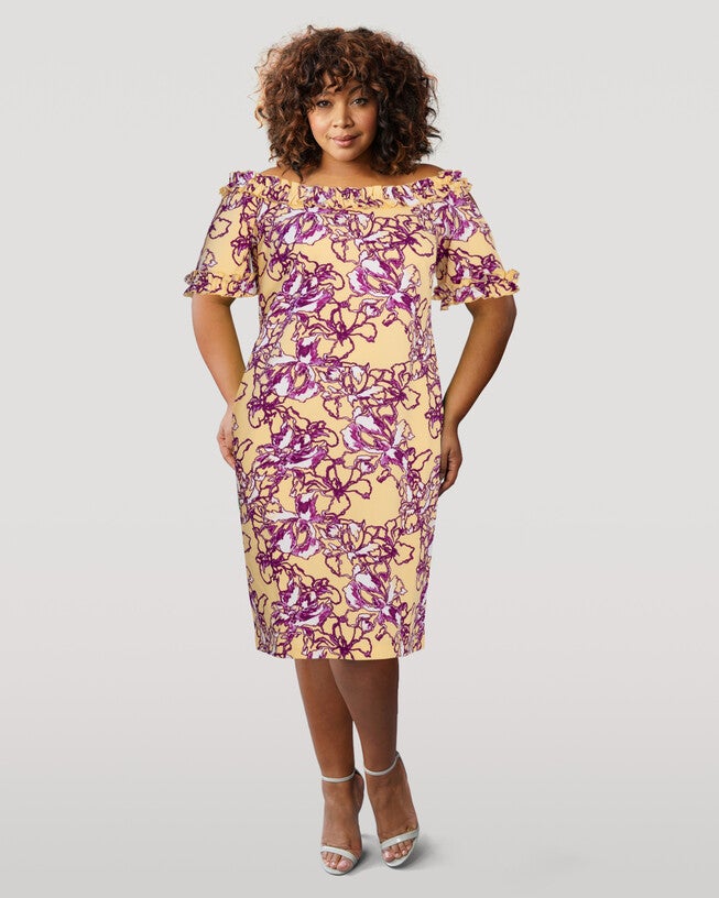 Off the Shoulder Ruffle Sheath Dress, Yellow / Light Yellow, hi-res image number null