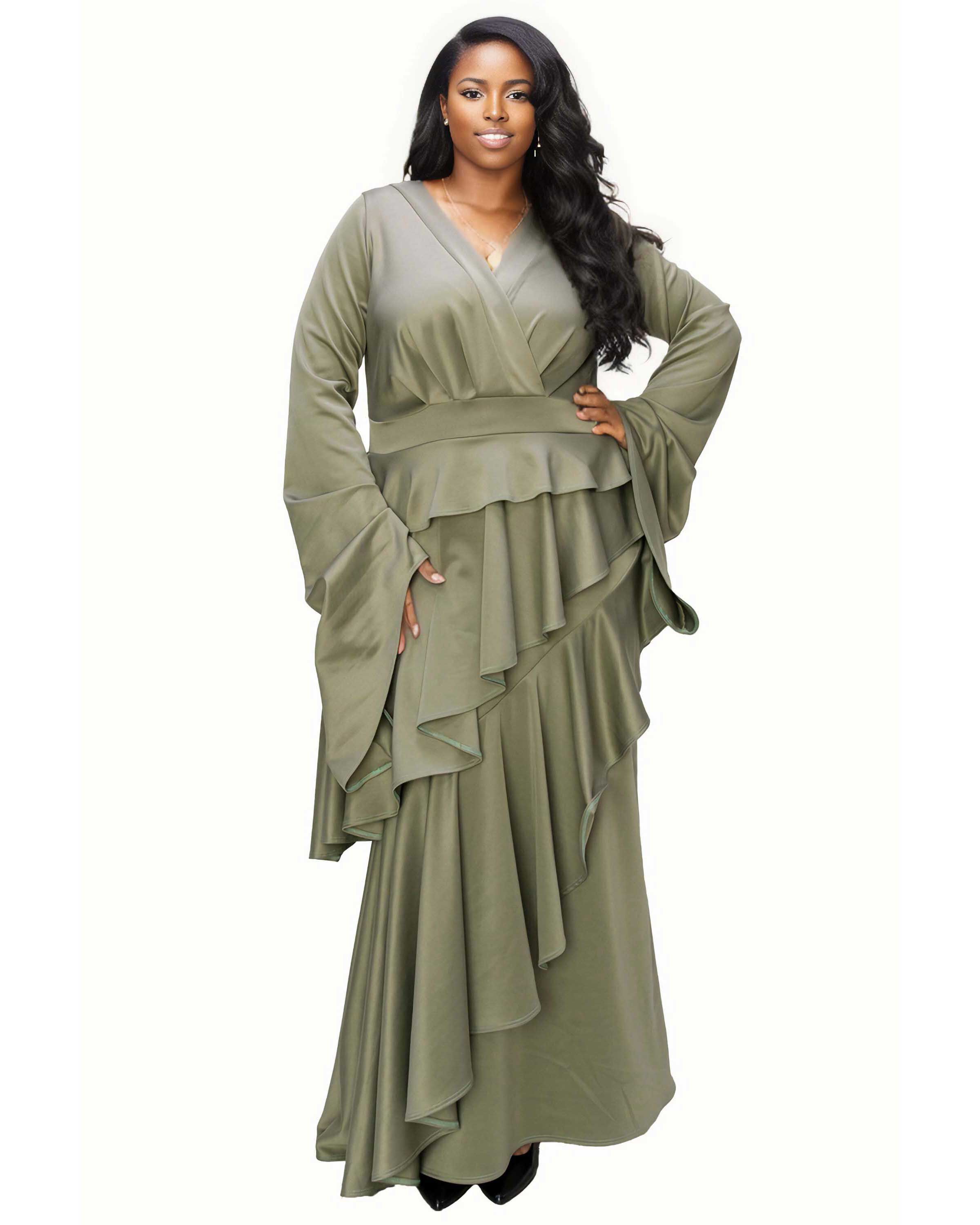 ZETA RUFFLED DRAMA DRESS, Dk Sage / Olive Green, hi-res image number 0