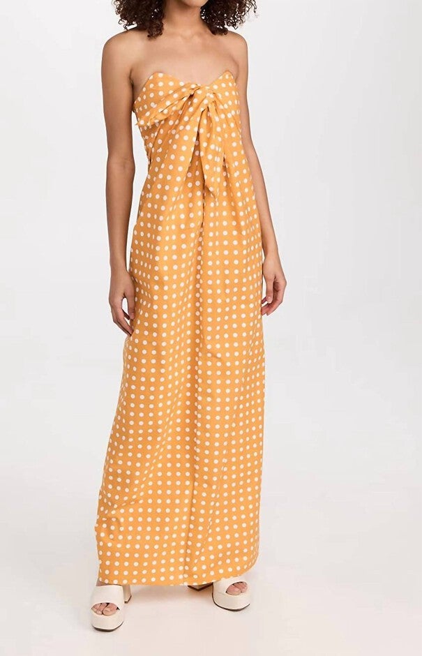 KAIA POLKA DOT STRAPLESS MAXI DRESS IN MUSTARD, Mustard / Yellow, hi-res image number null