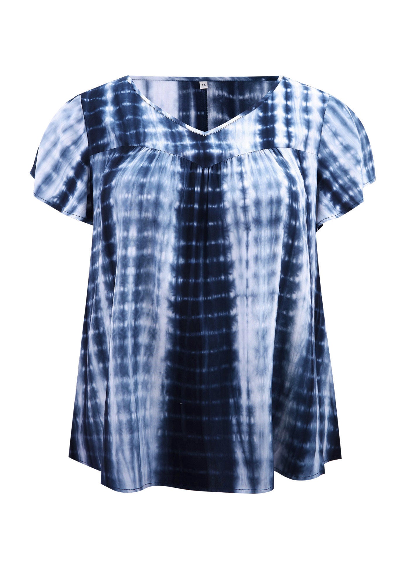 Tie Dye V Neck Ruffle Short Sleeve Pleated Blouse, Dark Blue / Navy, alternate image number 3