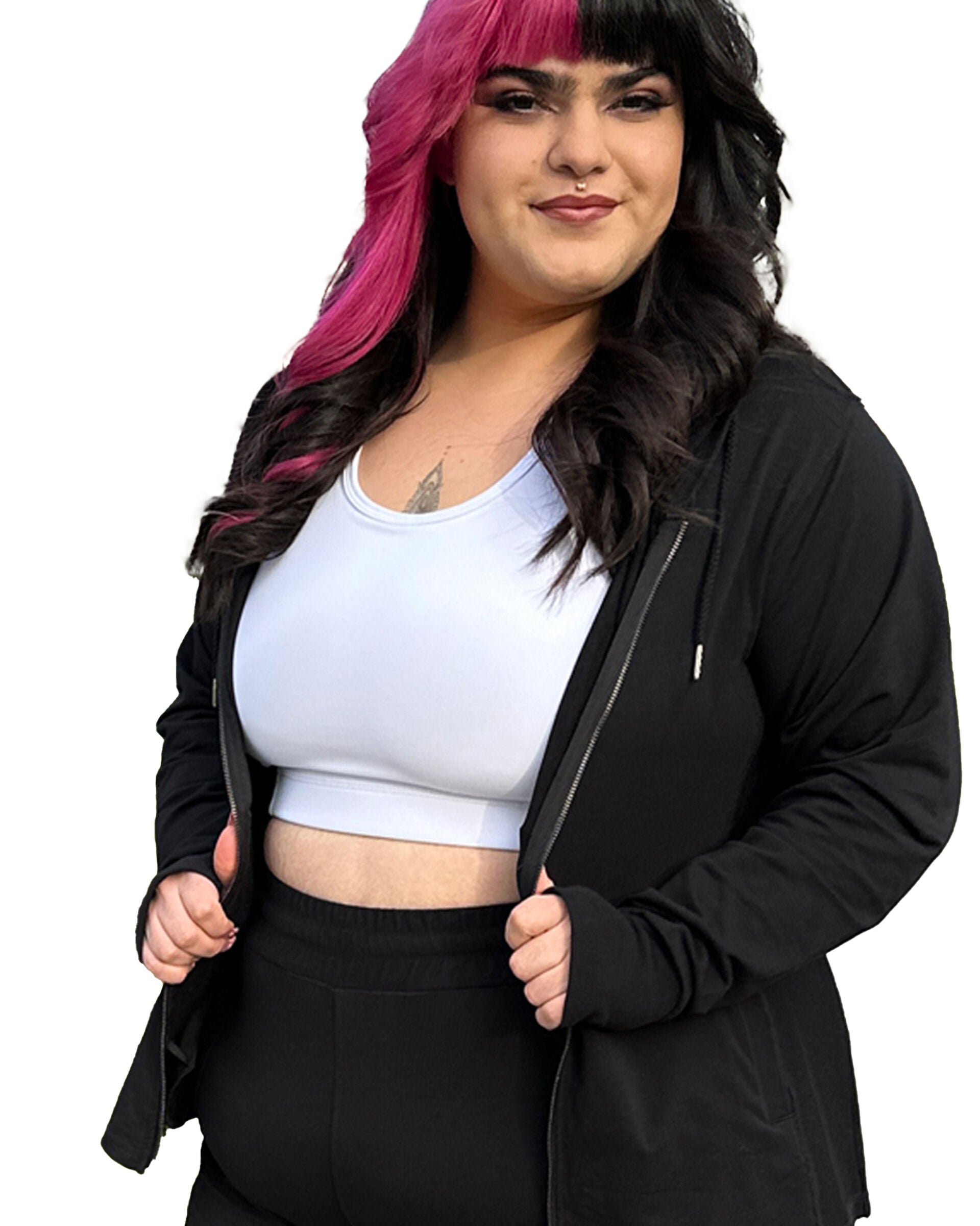 Zip Up Thumbhole Hoodie, Black / Black, hi-res image number 0