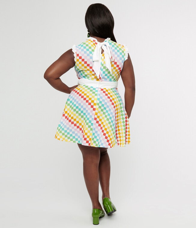 Smak Parlour 1960s Rainbow Check Cotton Happy Hour Flare Dress, Rainbow Check / Aqua, alternate image number 2