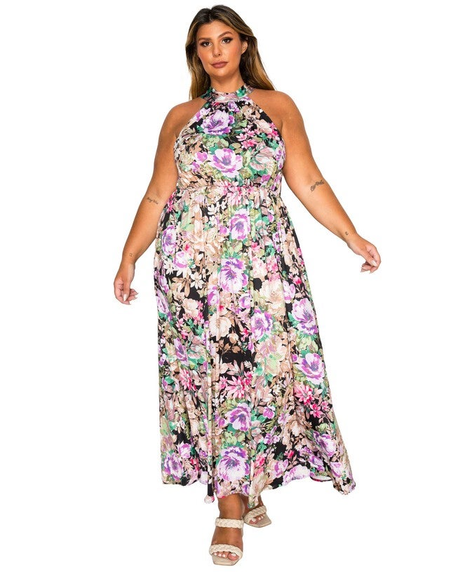 Bryony Floral Halter Neck Dress, Black Floral / Black, hi-res image number 0