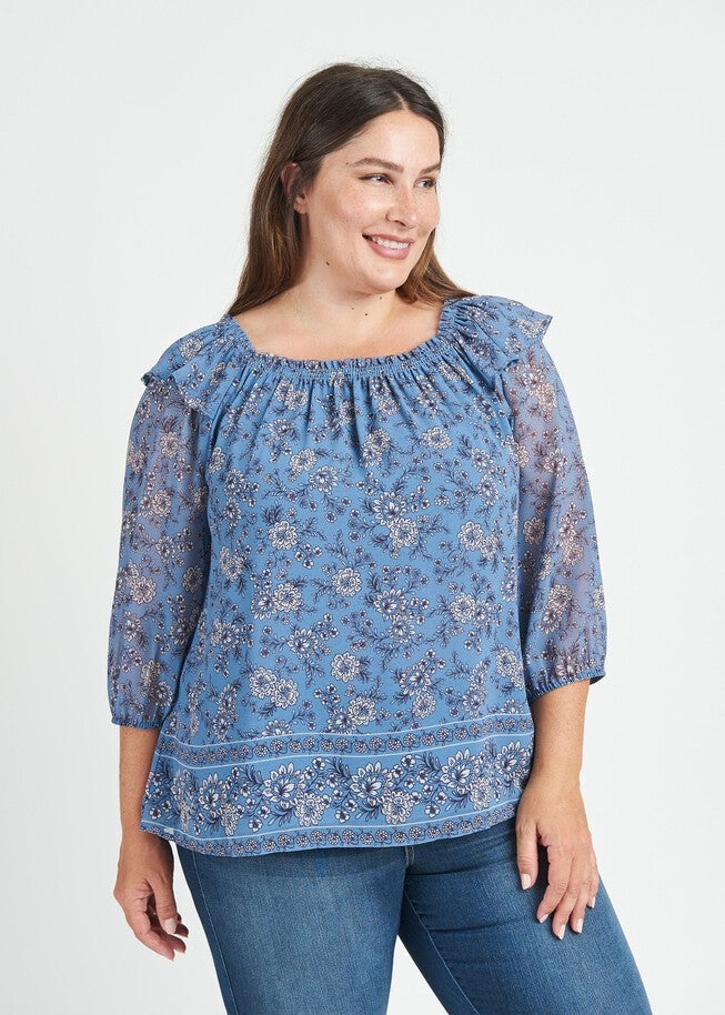 Aila Smocked Top with Ruffles, M409 Blue / Navy, alternate image number null