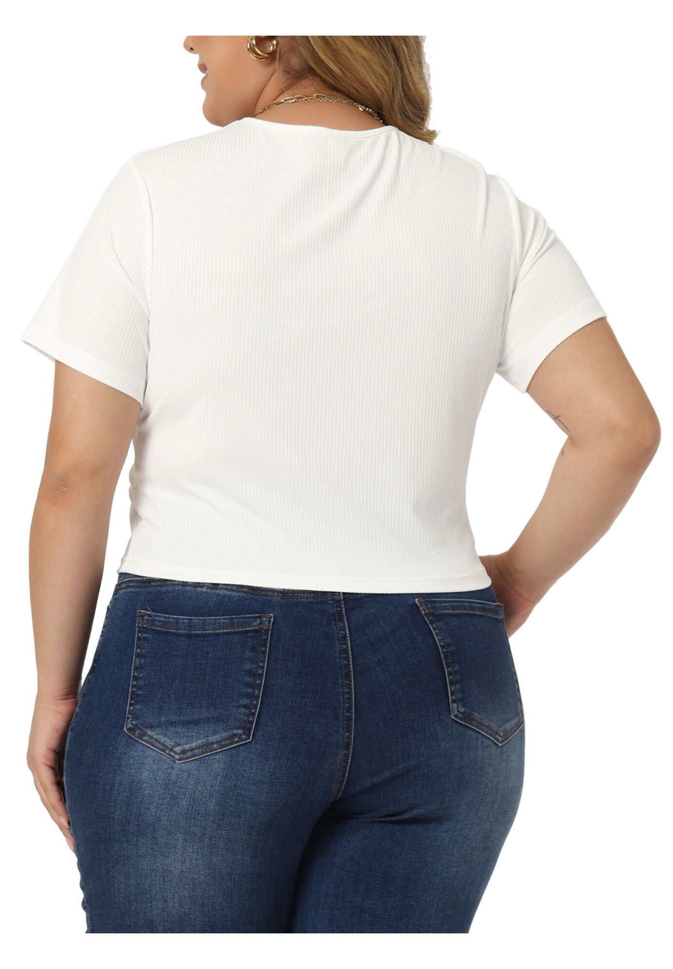 Twist Front V Neck Ribbed Short Sleeve T-Shirt Top, White / White, alternate image number 3