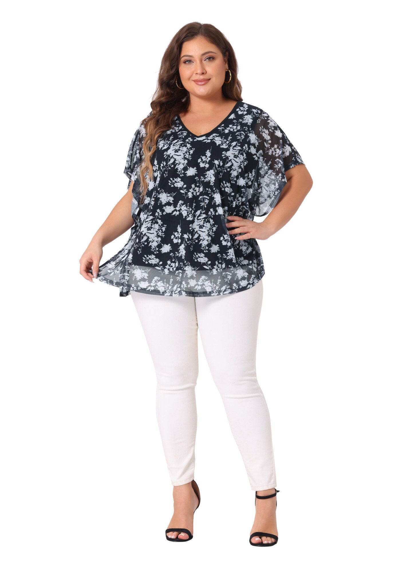 Floral Pattern Batwing Sleeve Beach Cover Loose Tunic Blouse, Black / Black, hi-res image number 0