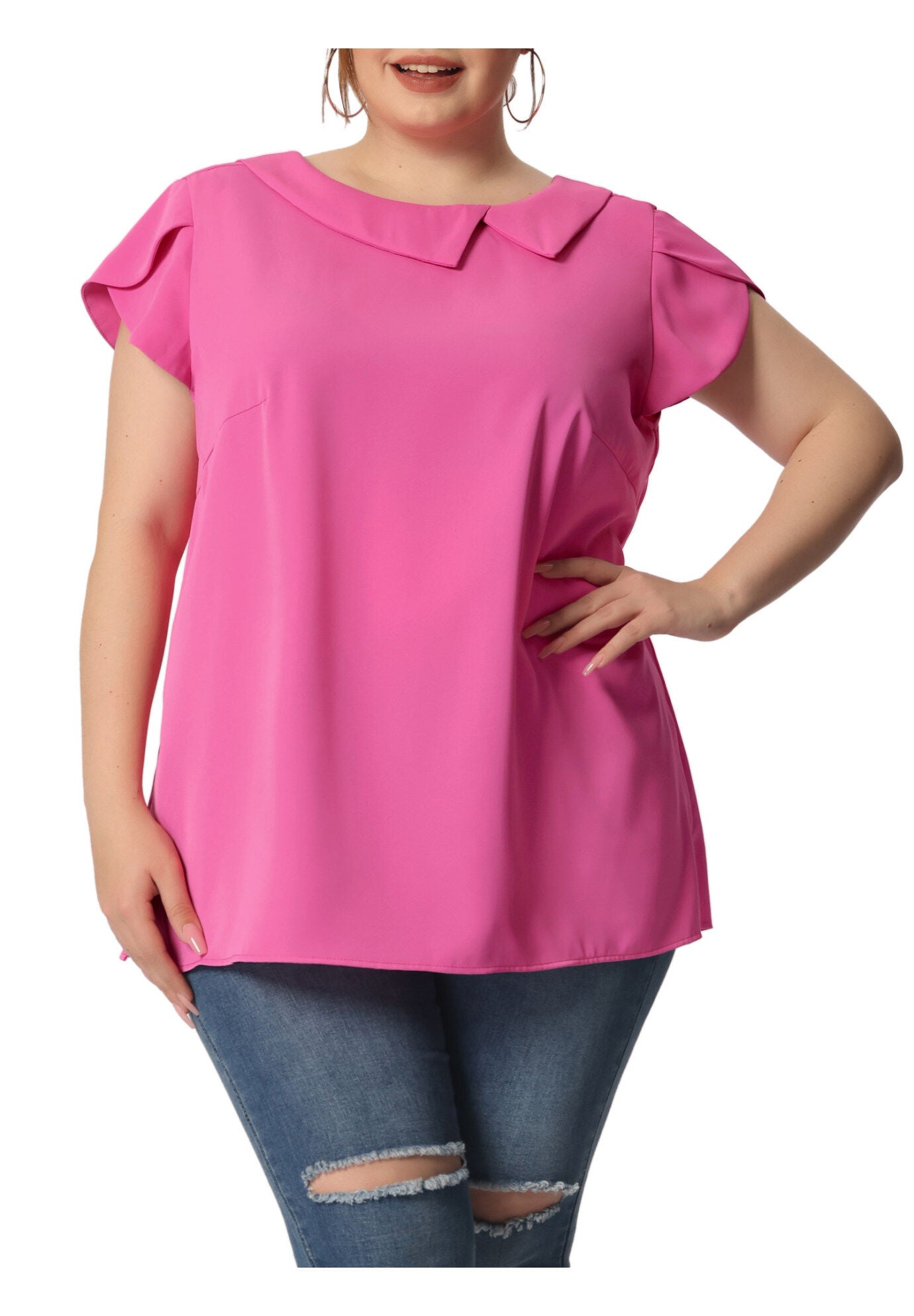 BOAT NECK FLUTTER SLEEVE CHIFFON TOP, Hot Pink / Pink, alternate image number 2
