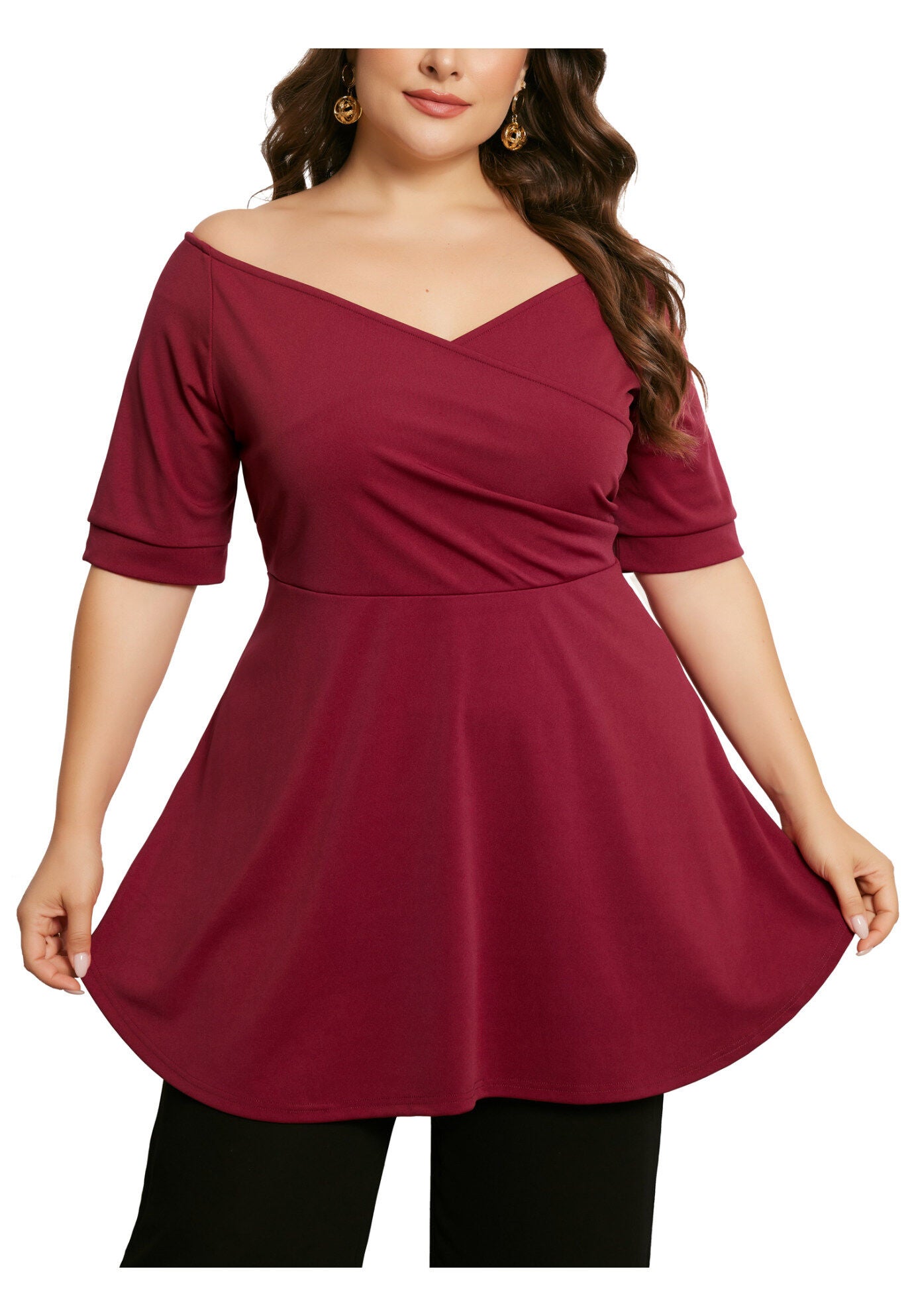V NECK SHORT SLEEVE RUCHED PEPLUM BLOUSE TOP, Burgundy / Red, alternate image number 1